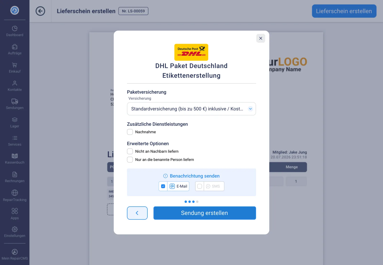 DHL Etikett in RepairCMS mit Paketversicherung, Zusatzoptionen und E-Mail-Benachrichtigung