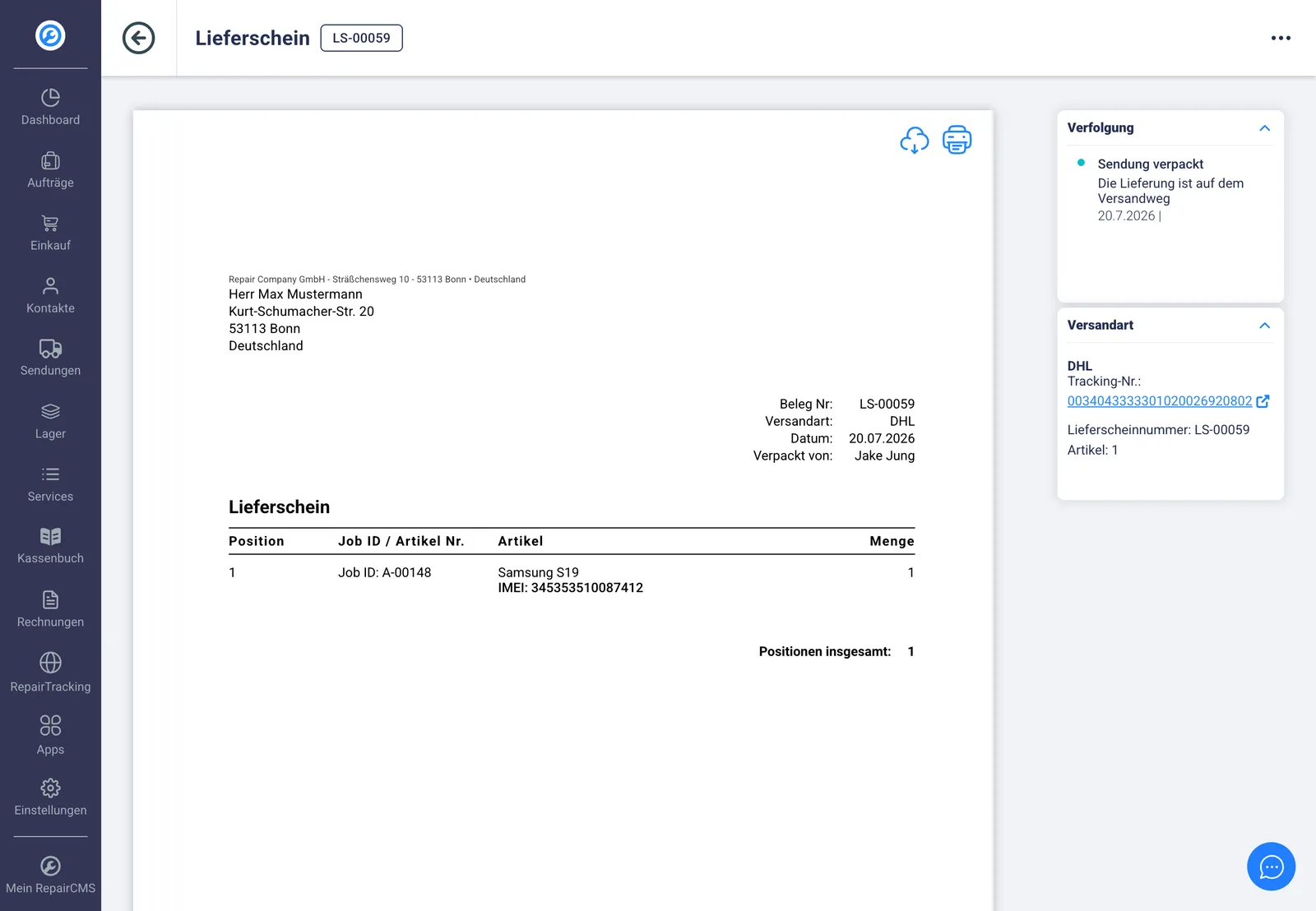 DHL Sendungsverfolgung im Lieferschein von RepairCMS mit Tracking-Nummer und Status