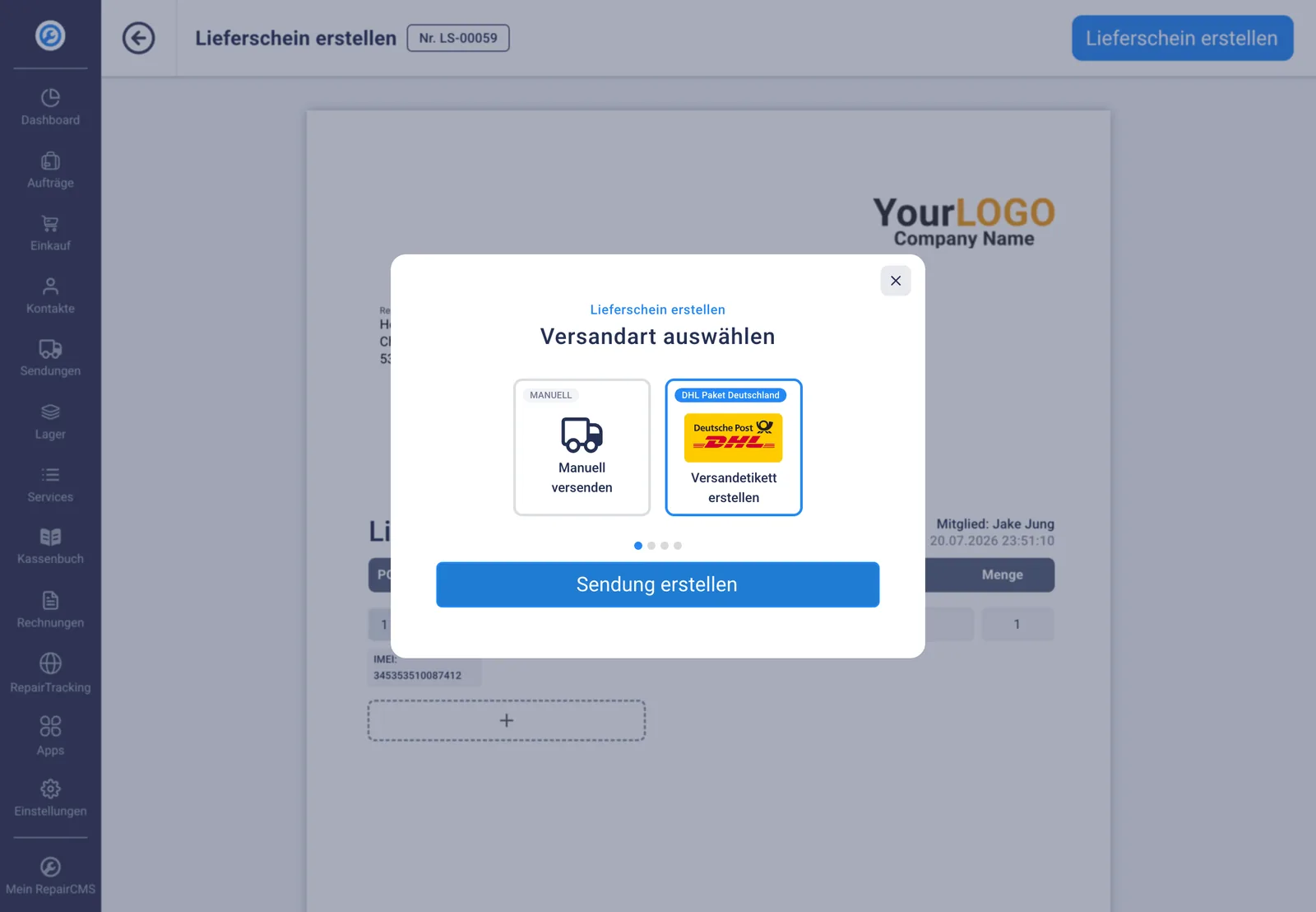 Versandart im Reparaturauftrag wählen: manueller Versand oder DHL Paket Deutschland in RepairCMS