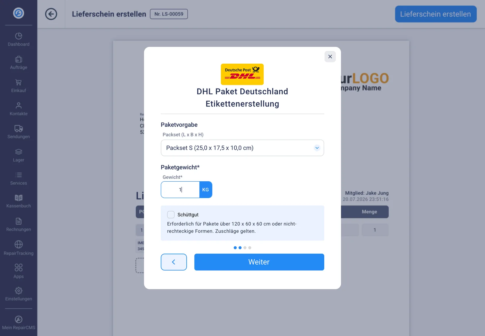 DHL Versandetikett in RepairCMS erstellen mit Paketgröße und Gewicht