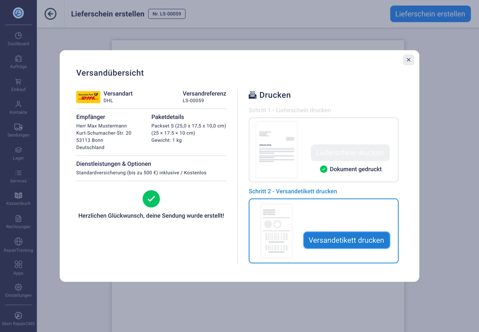 DHL Versandübersicht in RepairCMS mit fertigem Lieferschein und Versandetikett zum Drucken