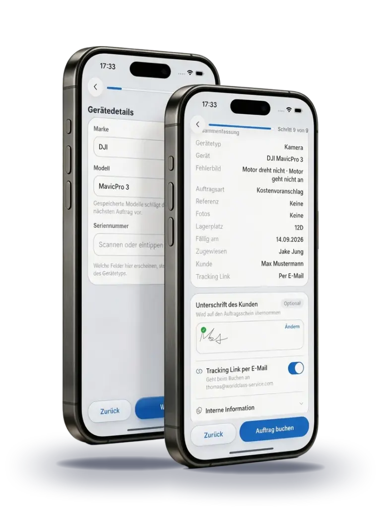 Zwei iPhones mit RepairCMS App, hinten die Gerätedetails, vorn die Zusammenfassung mit der Unterschrift deines Kunden