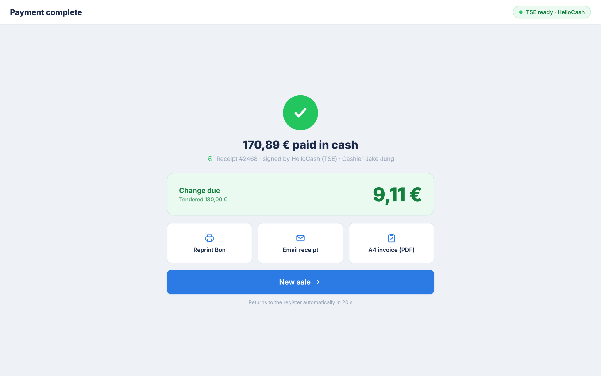 Successful payment with change due and receipt actions in the RepairCMS POS