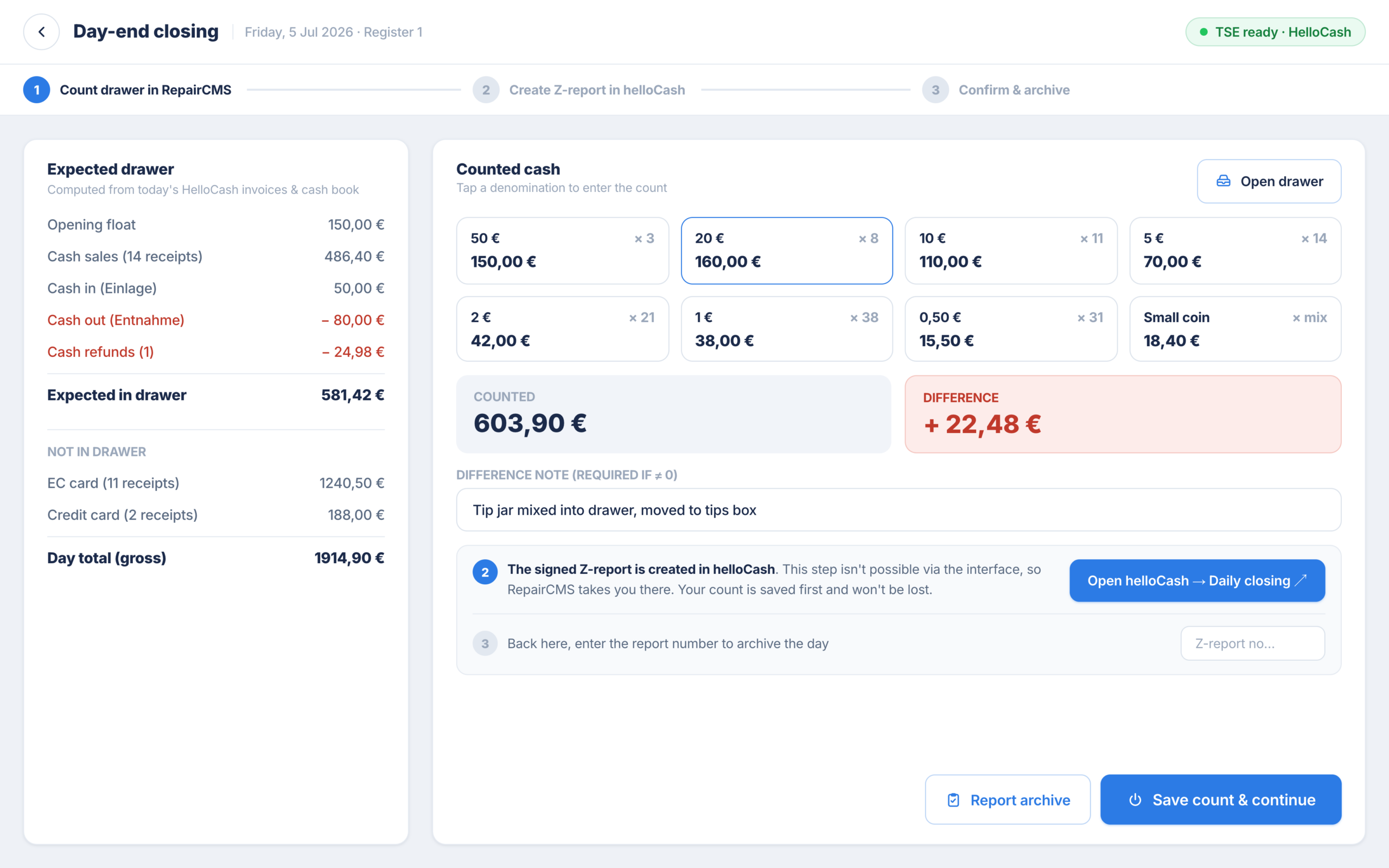 Daily close with a cash count, expected versus counted