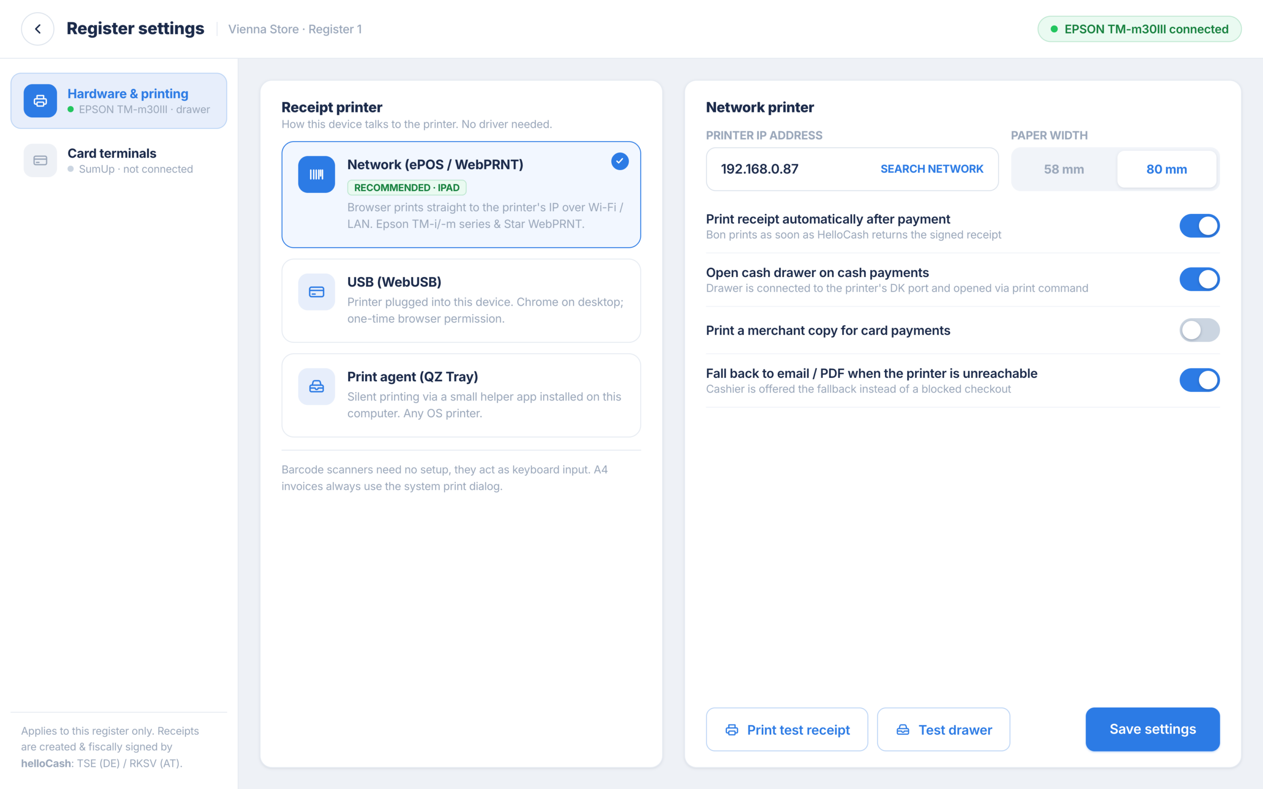 Set up hardware and printing, receipt printer and cash drawer in RepairCMS