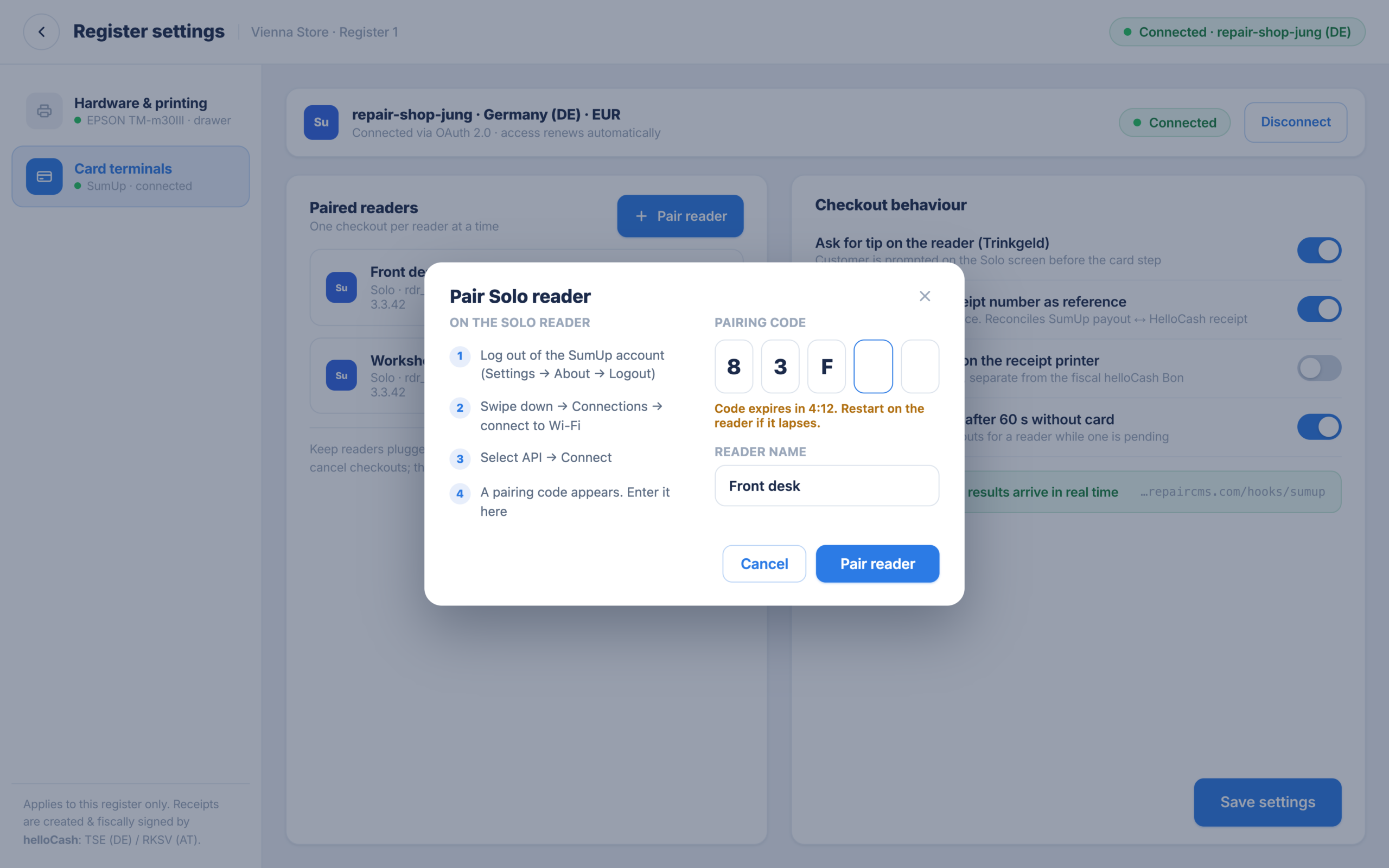 Connect a SumUp Solo terminal to the RepairCMS POS with a coupling code