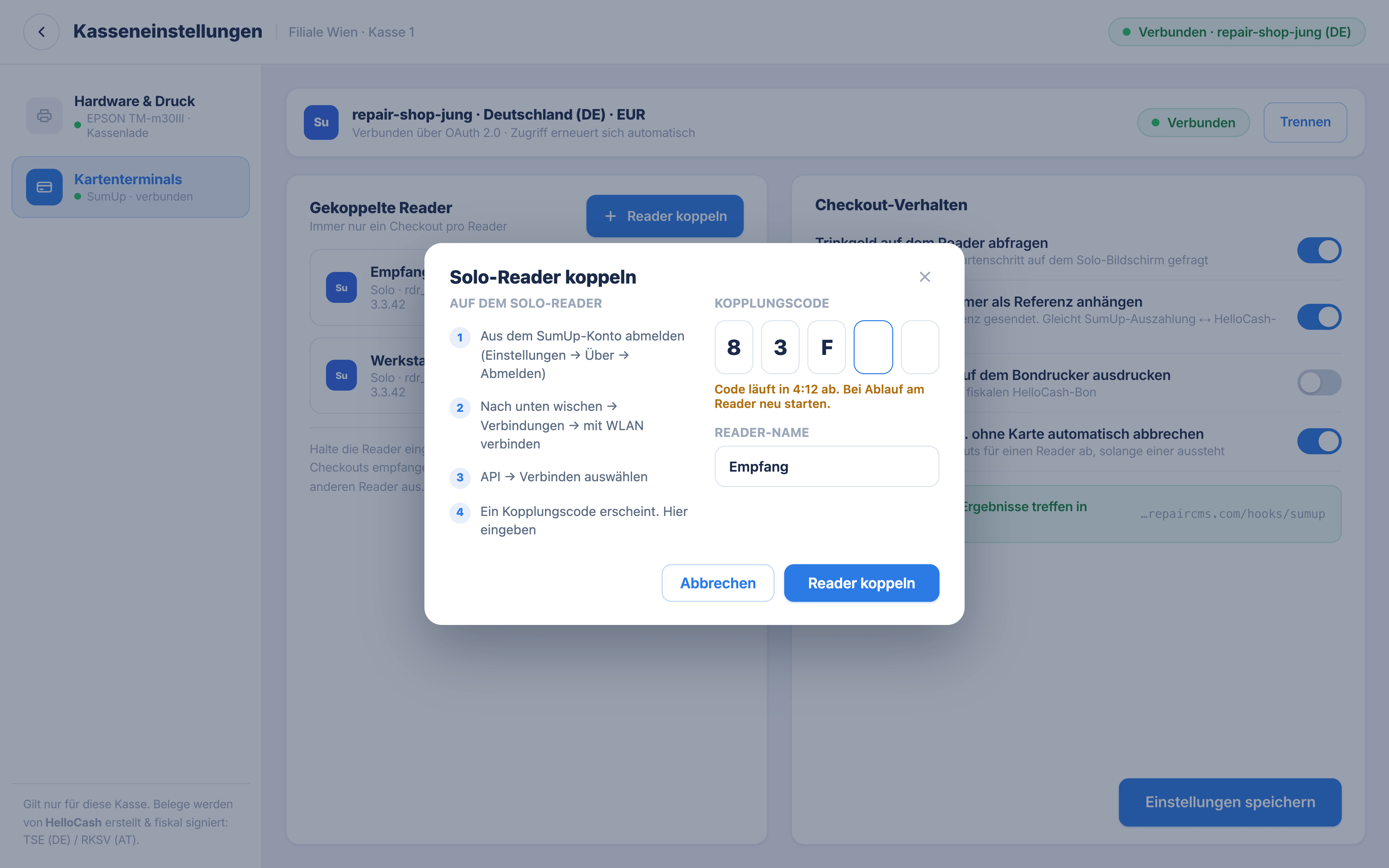 SumUp Solo Terminal per Kopplungscode mit der RepairCMS-Kasse verbinden