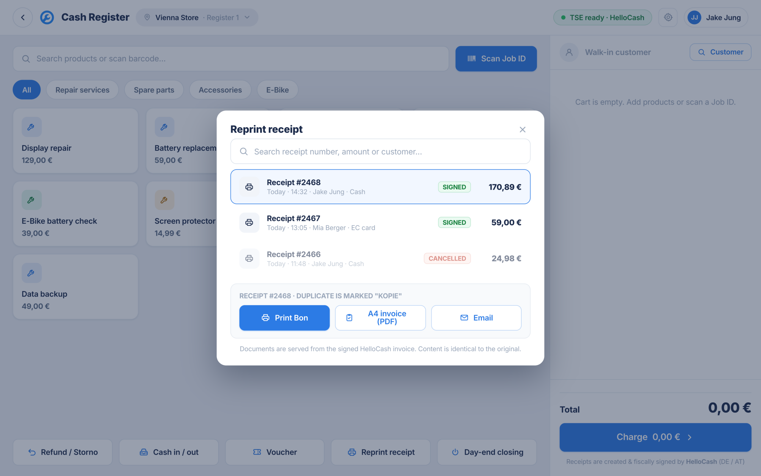 Find a receipt and reprint it in the RepairCMS POS