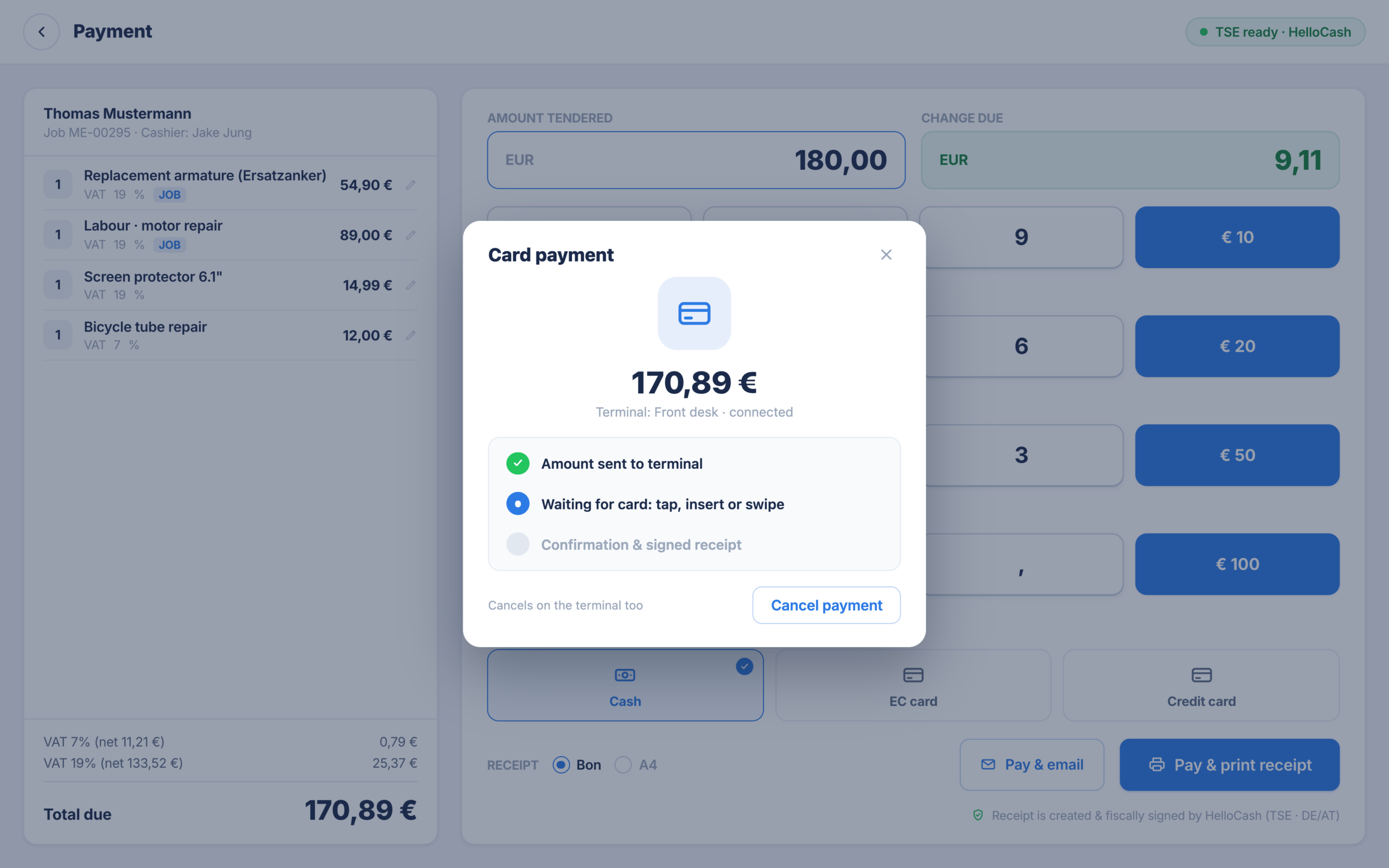 Card payment on the SumUp terminal, waiting for the card in the RepairCMS POS