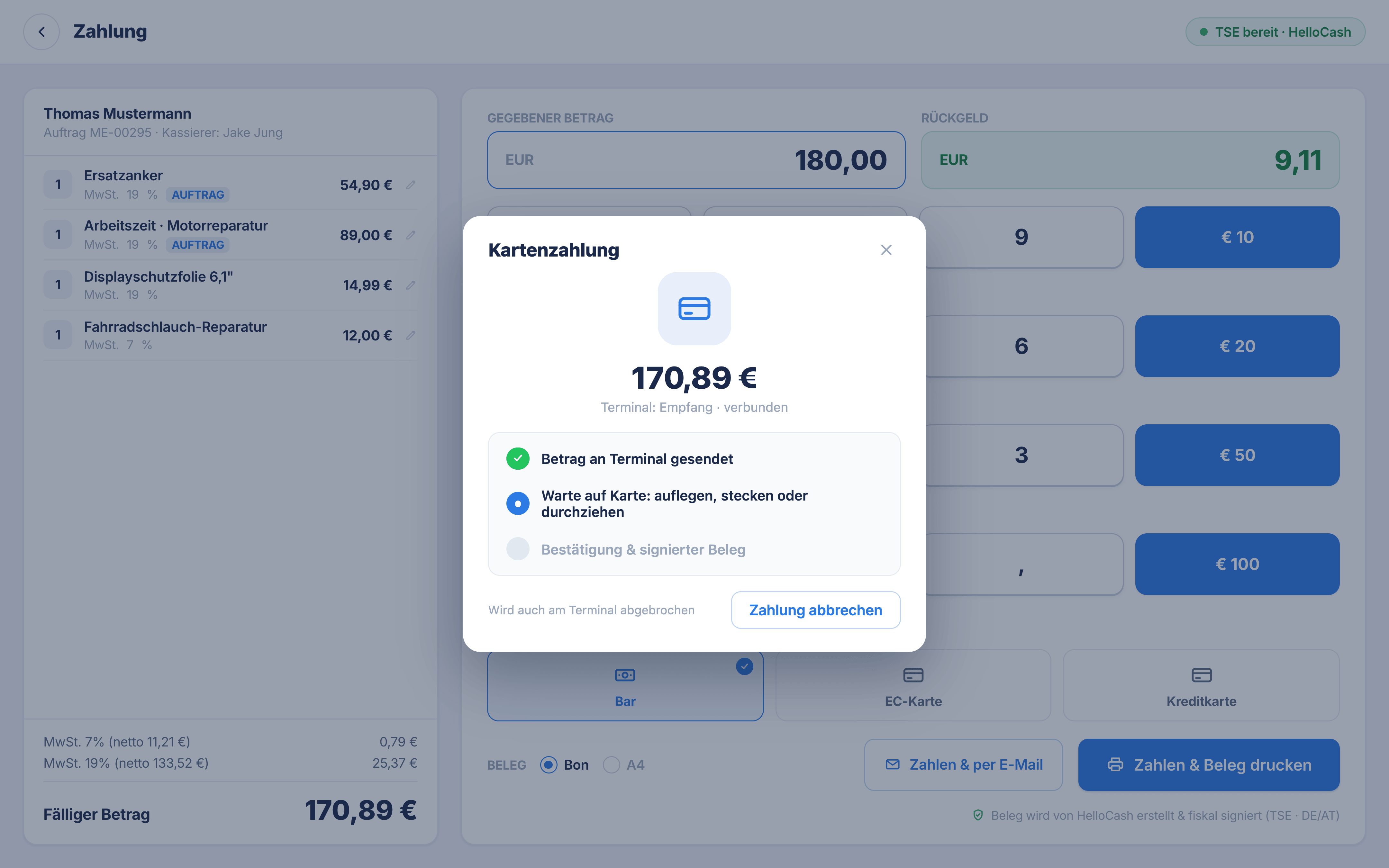Kartenzahlung am SumUp Terminal, Warten auf Karte in der RepairCMS-Kasse