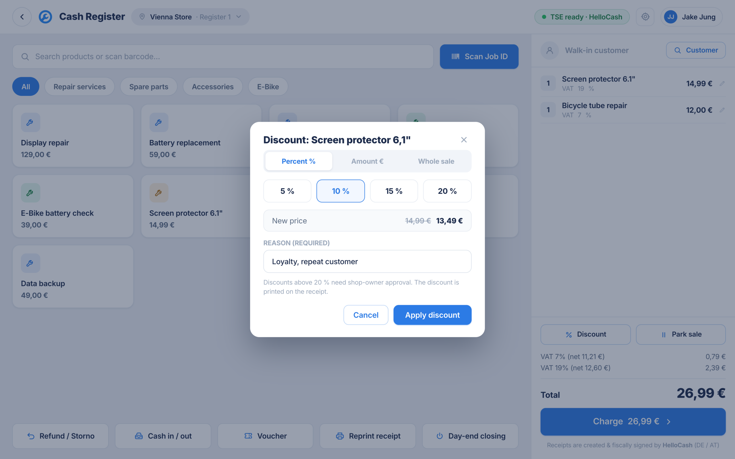 Line item discount with a mandatory reason in the RepairCMS POS