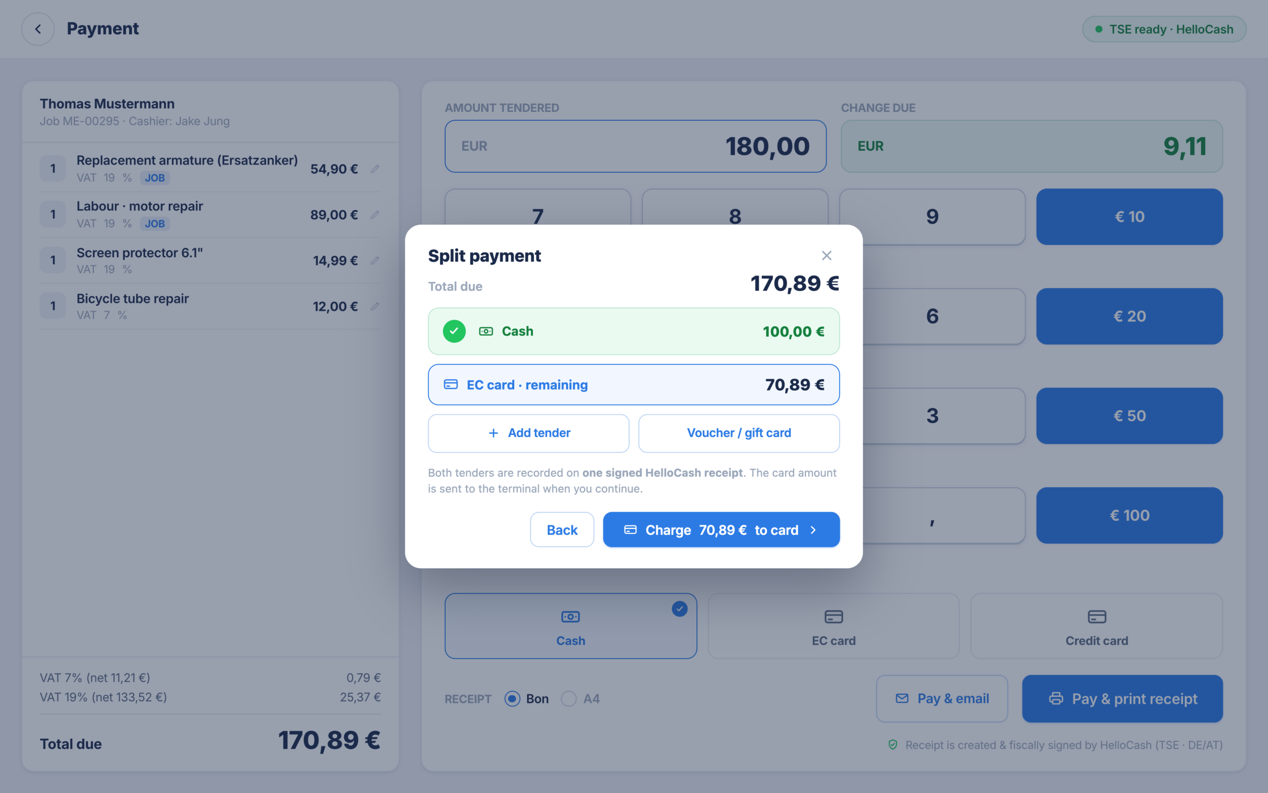 Split a payment, cash and card in one checkout