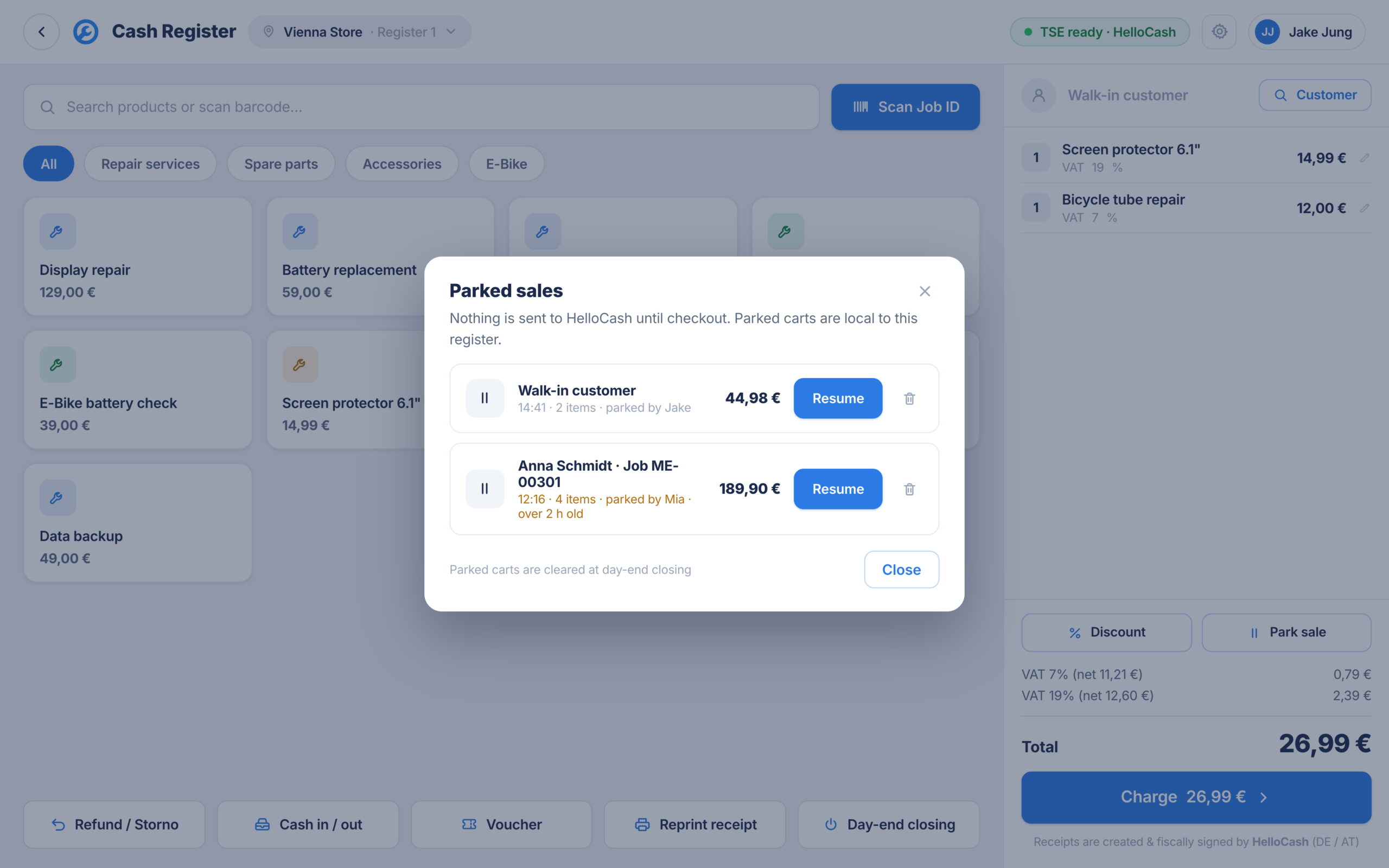 Park an open sale and continue it later in the POS