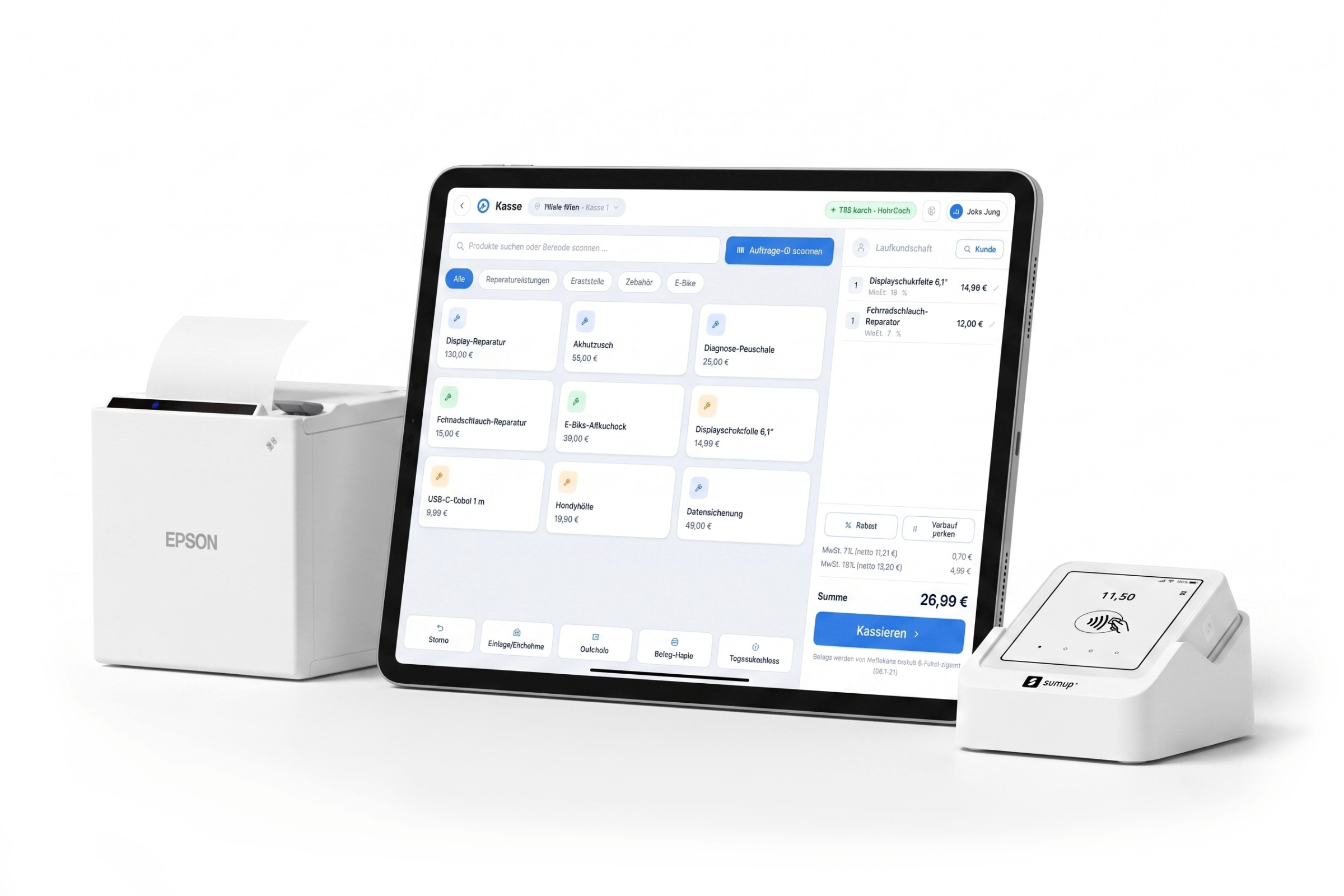 RepairCMS point of sale for the repair shop with HelloCash, iPad till with receipt printer and card terminal